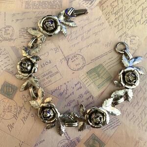 Vintage Dimensional Rose Link Bracelet - Floral Botanical Statement Jewelry